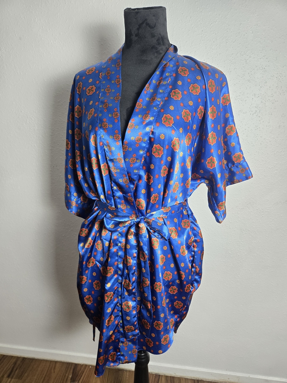 Blue Floral Satin Wrap Robe By kathyrn